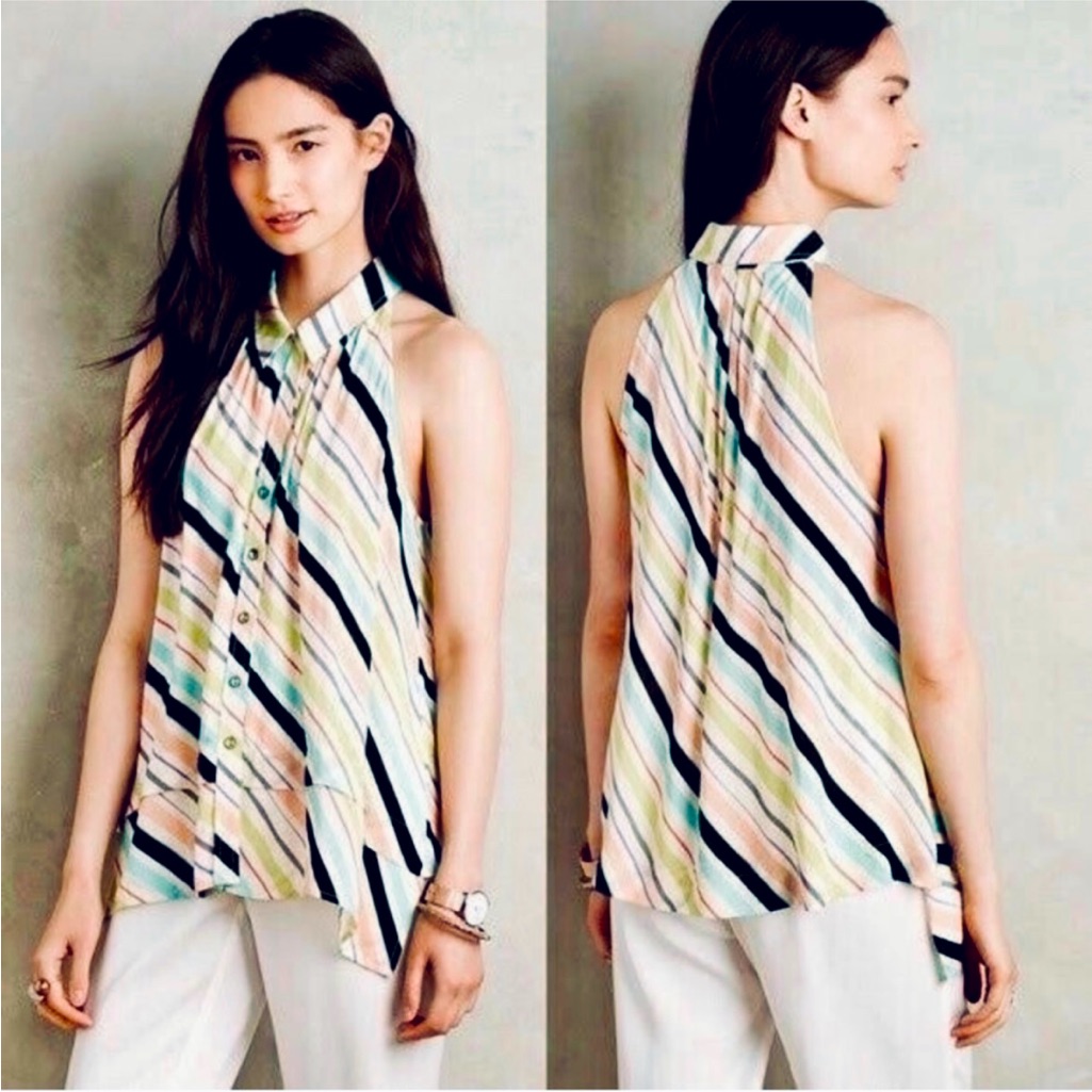 Anthropologie Maeve Striped Button Down Multicolor Swing Double Hem Tank Size 6